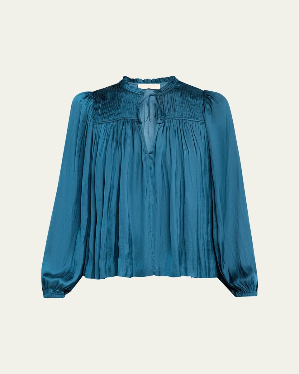 Freja Pleated Blouson-Sleeve Blouse